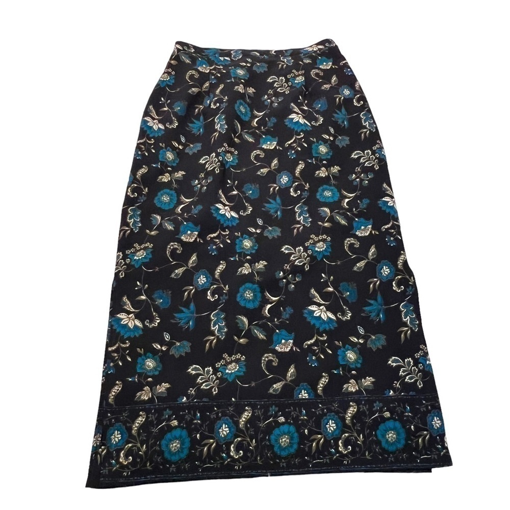 Briggs Women's Size Medium Petite Midi Skirt Black Blue Floral Side Slits‎